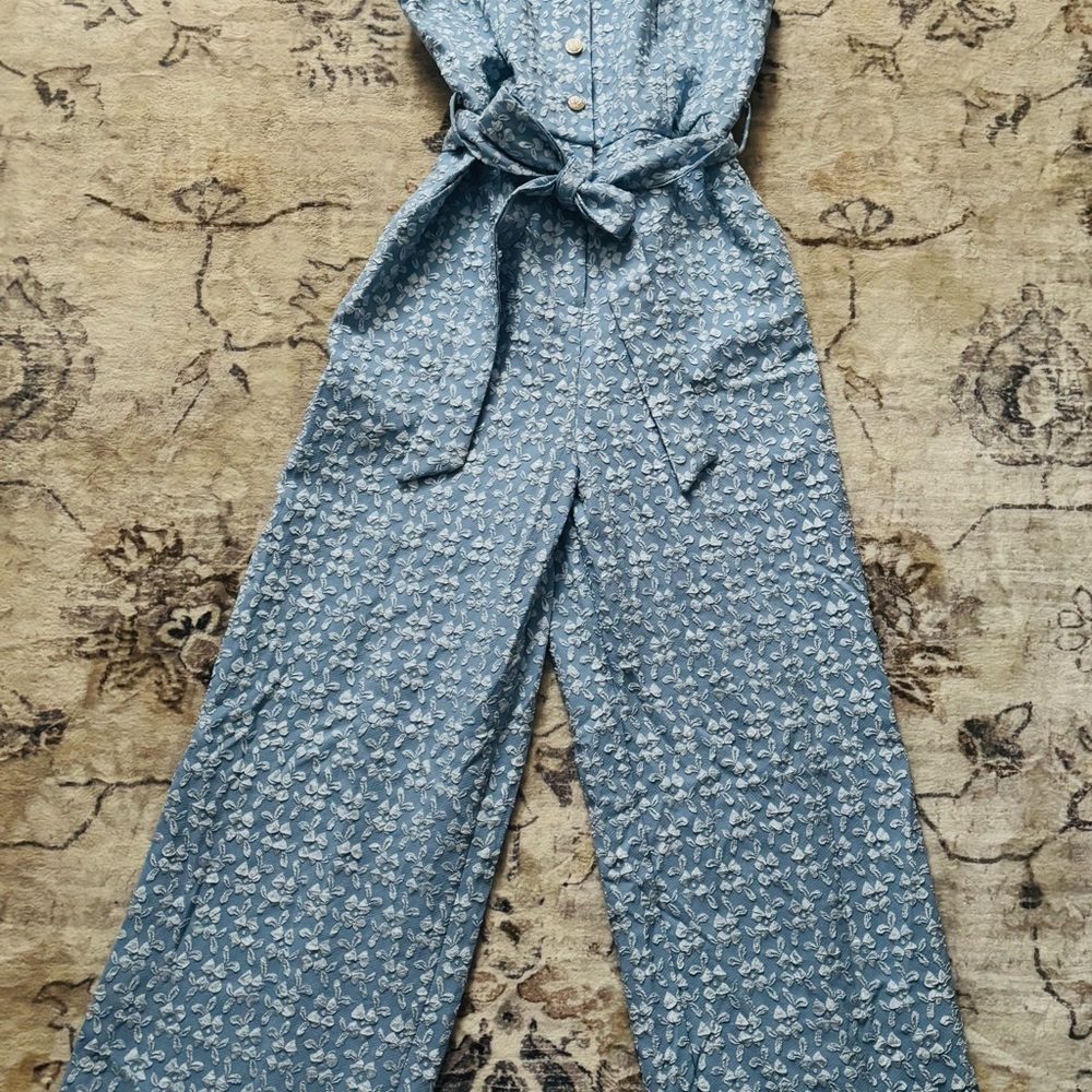 SHEIN Blue Flower Embroidered Jumpsuit